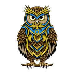 Isolated owl with gold and blu armor. Owl vector for sticker or tattoo.