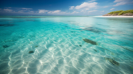 Obraz premium summer beach background on island, vacation scene with crystal clear water on the beach and natural sunlight, landscape theme , ai generative