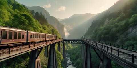 Obraz premium AI Generated. AI Generative. Photo realistic illustration of train mountaines green nature landscape. Graphic Art