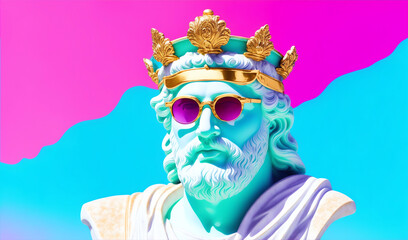 Marble bust head statue of an ancient Greek god zeus wearing a colorful sunglasses and a crown from generative AI