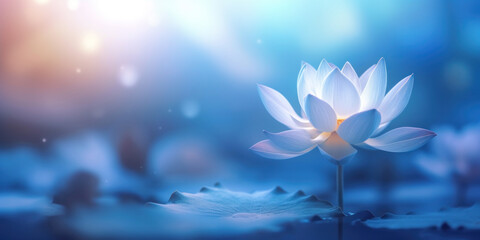 Lotus flower blooming in the pond with sunlight and blue sky. Generative AI - obrazy, fototapety, plakaty