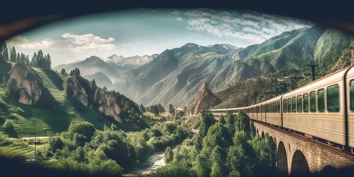 AI Generated. AI Generative. Photo realistic illustration of train mountaines green nature landscape. Graphic Art