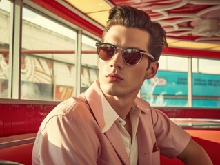 sharp dressed portrait of man with sunglasses in 50s style american diner, generative ai