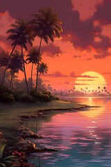 Summer sunset. Serene beach or countryside landscape, showcasing the warm hues and tranquil beauty of the setting sun, Generated AI