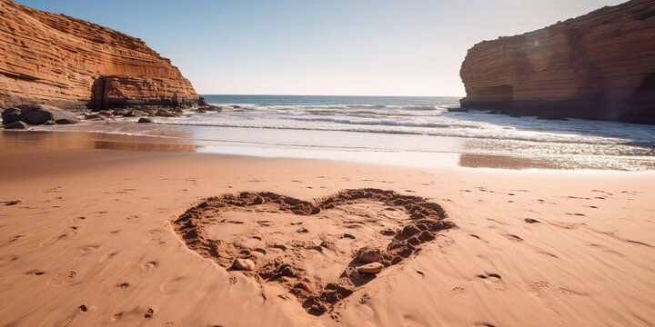 AI Generated. AI Generative. Photo illustration of heart shape on sand. Vacation love romantic vibe. Graphic Art