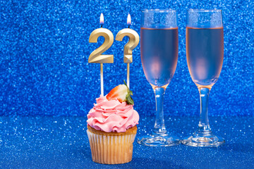 Cupcake With Numbers And Glasses With Wine For Birthday Or Anniversary