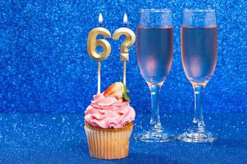 Cupcake With Numbers And Glasses With Wine For Birthday Or Anniversary