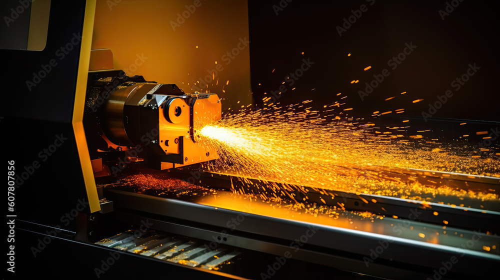 Poster machine tool in metal factory with drilling cnc machines generative ai