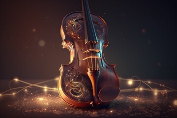 Beautiful violin on black background with bokeh lights