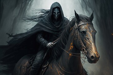 Fototapeta premium Halloween witch with black cloak riding a horse in a dark forest