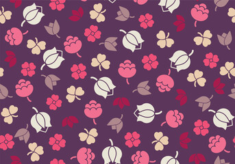Seamless floral pattern - tulips, cornflowers, roses and leaves, vector illustration