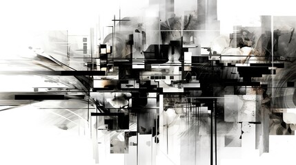Contemporary abstract geometric art of buildings. Black and white graphic. Town. Generative AI. Illustration for for banner, poster, cover, brochure or presentation.