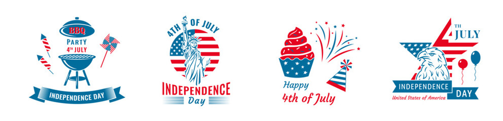 4th of July, United Stated independence day greeting, logo. July fourth in USA emblems. Vector logo.