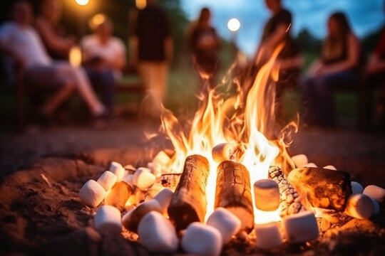 Friends and family gathered around a bonfire, roasting marshmallows and celebrating Canada Day, bokeh, Canada Day Generative AI
