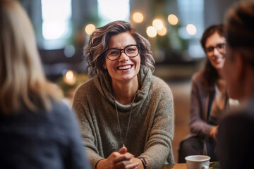 Professional therapist conducting a candid group session, showing genuine compassion and a comforting smile, emphasizing the importance of mental health and counseling, generative ai