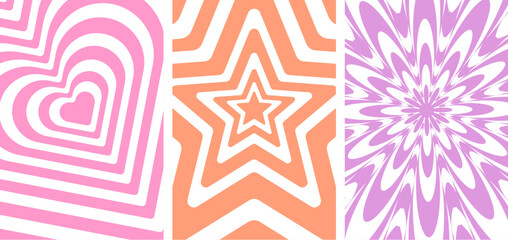 Vector geometric vintage background. Waves, swirl, twirl pattern with heart, flower, star.