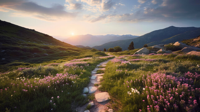 Gorgeous path covered with flowers and foliage and a vast mountainous background. Generative AI
