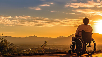 Disabled handicapped man has a hope. He is sitting on wheelchair and stretching hands at sunset. Generative Ai