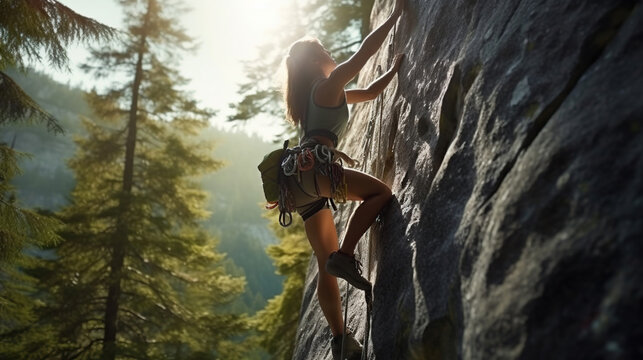 Active sporty woman practicing rock climbing. Extreme sports and bouldering concept. Generative Ai
