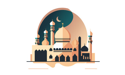 a stylized of a muslim mosque,a flat design of a masjid for Islamic organizations or communities,Beautiful Islam temple icon,crescent and cloud,Vector Illustration,Eid Mubarak greetings,Ramadan Kareem