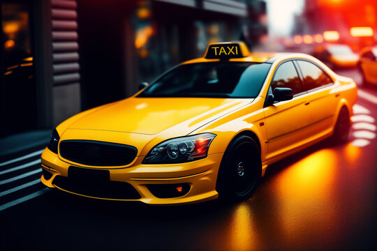 one Yellow modern cab taxi of night City in fast movement with motion blur, in the busy streets of illuminated downtown, traffic moves during evening. night city life. generative ai © Maxim Chuev