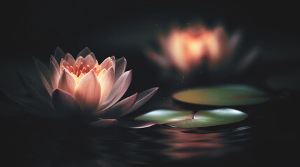 waterlily or lotus flower  in the pond on dark background. Generative AI - obrazy, fototapety, plakaty