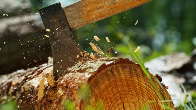 Lumberjack Working in Forest. Super Slow Motion of Chopping Wooden Logs with Axe. Filmed on High Speed Cinema Camera at 1000 fps.