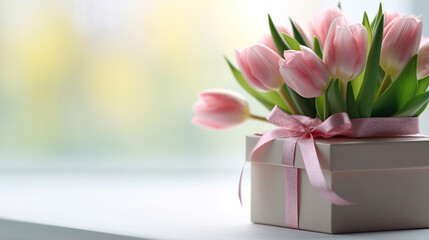 Pink tulips flowers and gift or present box pink background. Mothers Day, Birthday, Valentines Day, Womens Day, celebration concept. Space for text. Generative Ai