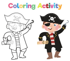 Coloring book for children of a cute pirate captain with an eyepatch and holding a treasure map. Educational printable coloring worksheet. Coloring activity for children. Vector outline coloring page 