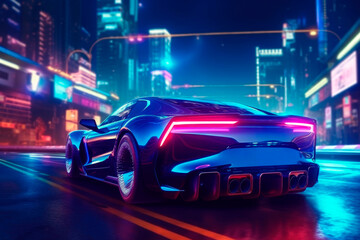 Plakat Futuristic sports car on the night city street.AI generated.