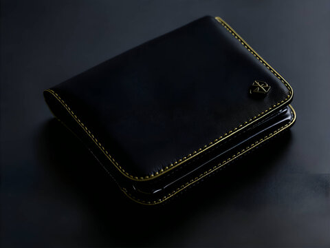 This captivating image showcases a sleek black wallet with a metallic trim, beautifully glinting in the light. The wallet's black color exudes a sense of elegance and sophistication
