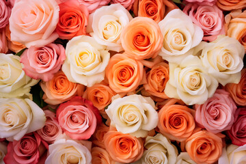Obraz na płótnie Canvas Bunch of multi color roses background top view. Generative ai