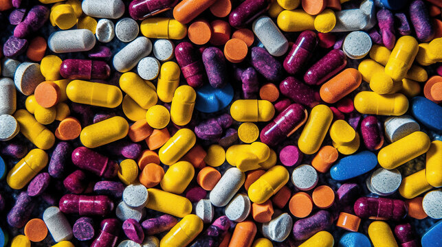 Top View Full Frame Of Colorful Antimicrobial Capsule Pills. Generative Ai