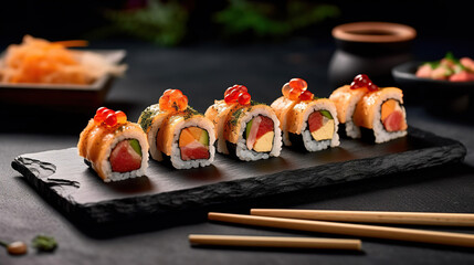 Traditional japanese sushi rolls hosomaki on stone desk. Generative Ai