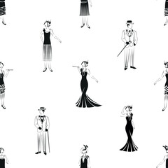 Silhouette of a beautiful and elegant girl and man in retro clothes. Seamless pattern 1920s fashion for paper, fabric or gift wrapping.