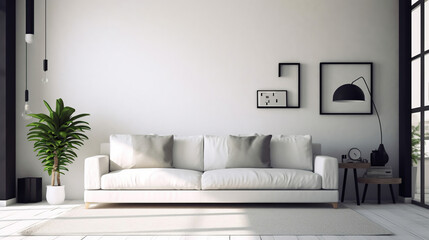 Fototapeta na wymiar White living room with sofa. Scandinavian interior design. Generative Ai