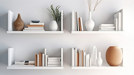 White shelves with white books and decor, light white interior of living room or cabinet in house, stylish and cozy design in minimalist style. Generative Ai