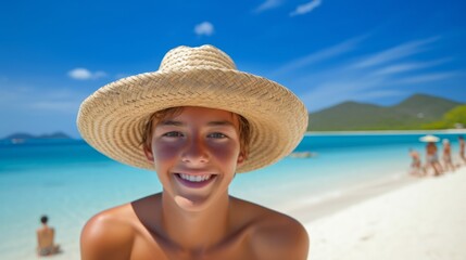 Beautiful Boy Smiling with Straw Hat on Beach by the Sea. Generative AI.	
