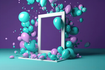 Blue And Purple Background With White Frame And Balloons. Generative AI