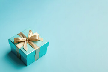 Box With Bow On Baby Blue Color Background, Top View, Copy Space. Celebrating Valentine's Day, Birthday. Generative AI