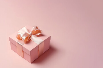 Fototapeta premium Box With Bow On Pastel Pink Color Background, Top View, Copy Space. Generative AI