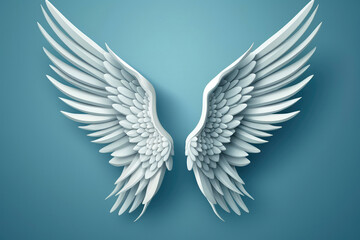 3D Angel Wings On Blue Background. Generative AI - obrazy, fototapety, plakaty