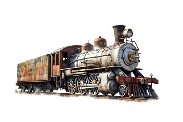 Old steam locomotive, old rusty abandoned train head isolated. Generative AI. - obrazy, fototapety, plakaty