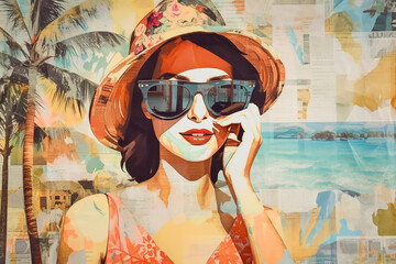 Fototapeta na wymiar Stylish retro poster with beautiful young lady wearing sunglasses on summer background with newspapers, magazines and palm trees. Fashion pop art woman portrait illustration and collage. Generative AI