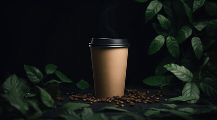 Take out coffee cup mockup on a dark background with coffee beans and green leaves. AI generative