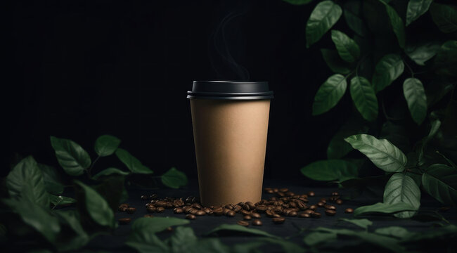 Take Out Coffee Cup Mockup On A Dark Background With Coffee Beans And Green Leaves. AI Generative