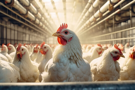Indoors chicken farm, chicken feeding
