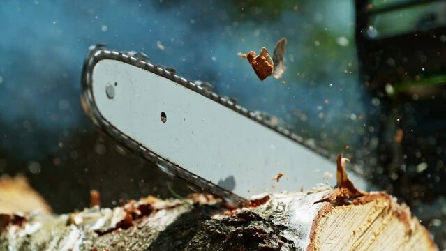 Super Slow Motion of a Chainsaw Cutting the Wooden Log. Filmed on High Speed Cinema Camera, 1000 fps.