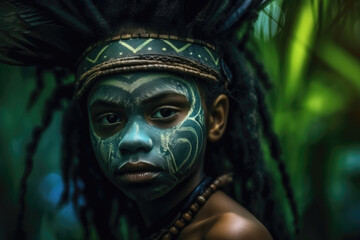 Night in the Jungle: Girl with Tribal Face Paint in Vibrant Greenery. Generative AI.