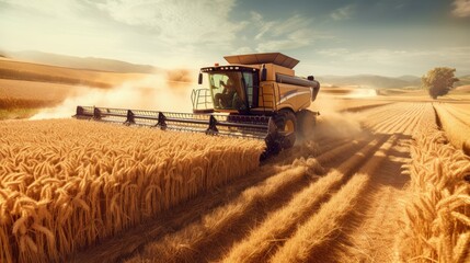 Harvester working in a wheat field. Generative AI